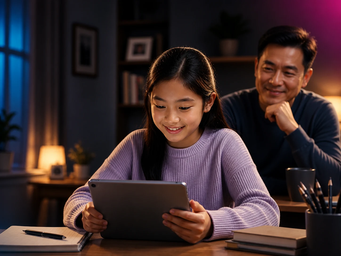 An East Asian student learning on an iPad while her father looks on nearby