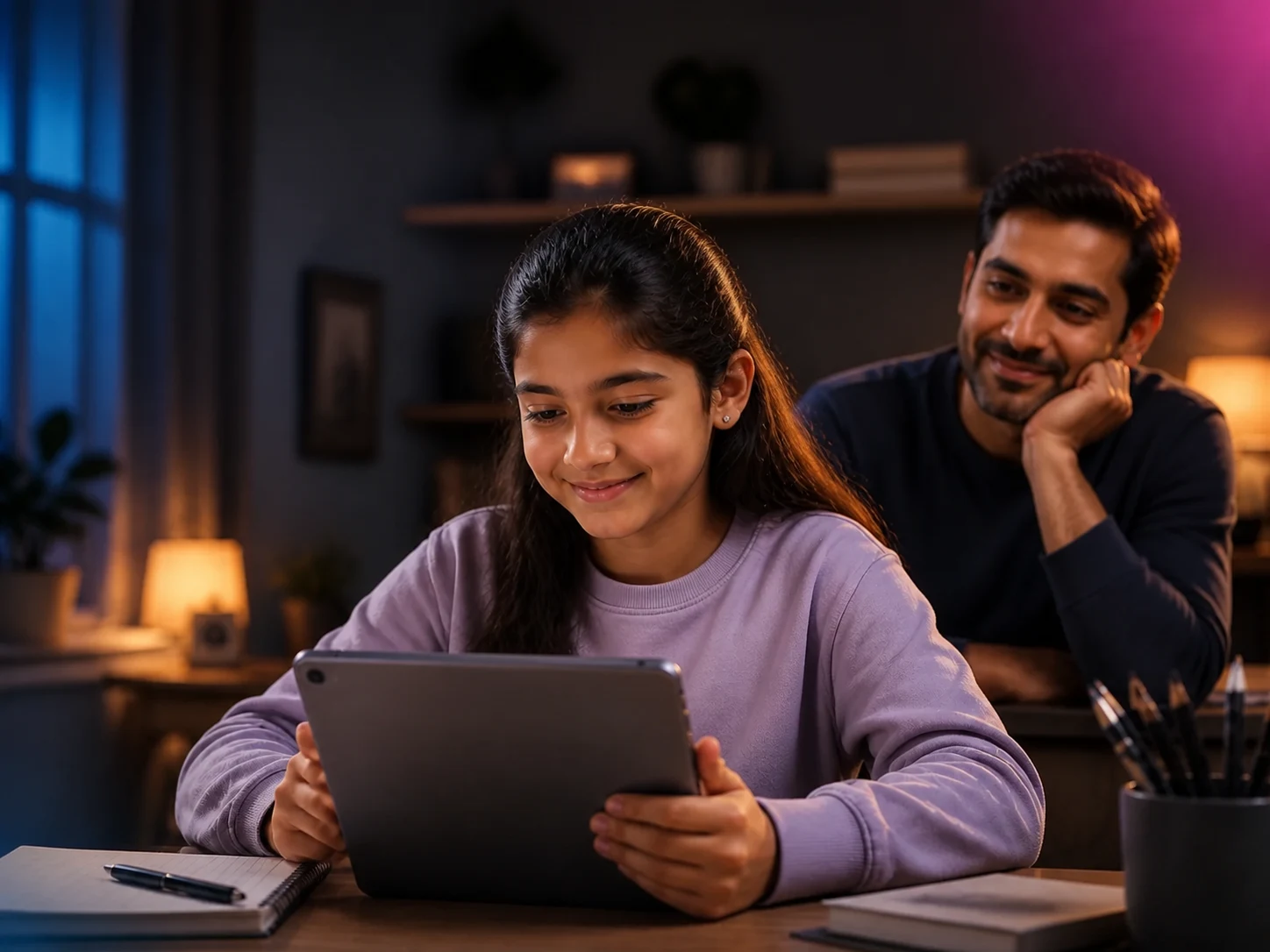 An Indian student learning on an iPad while her father looks on nearby