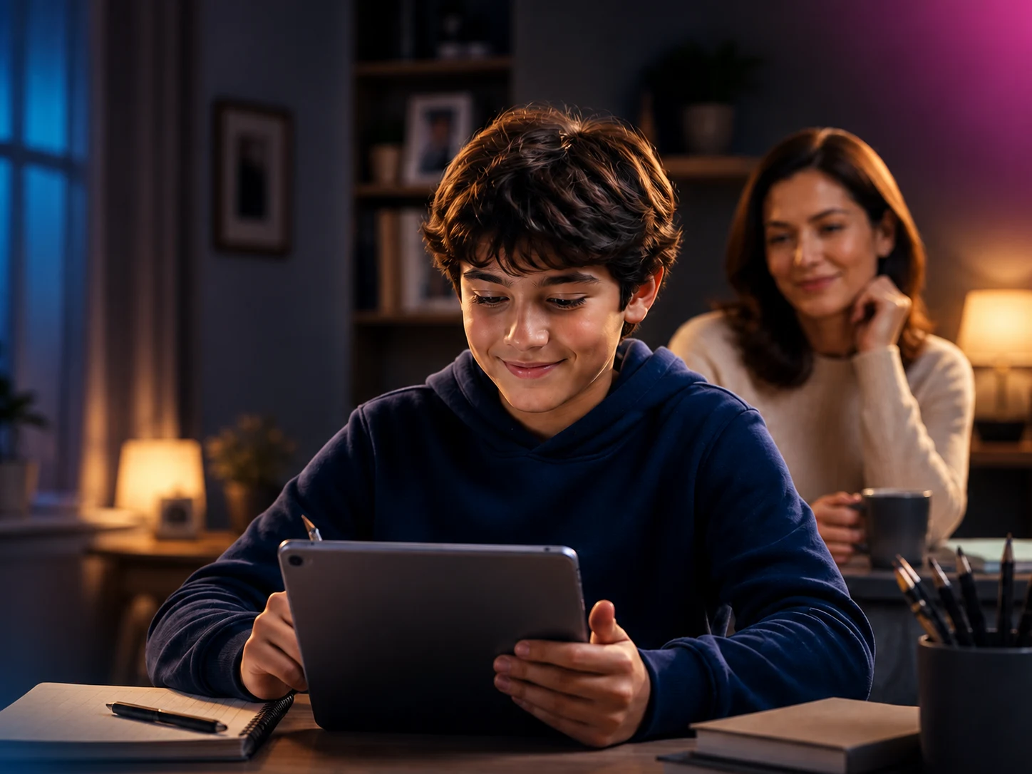 A student happily learning on an iPad while his parent looks on nearby