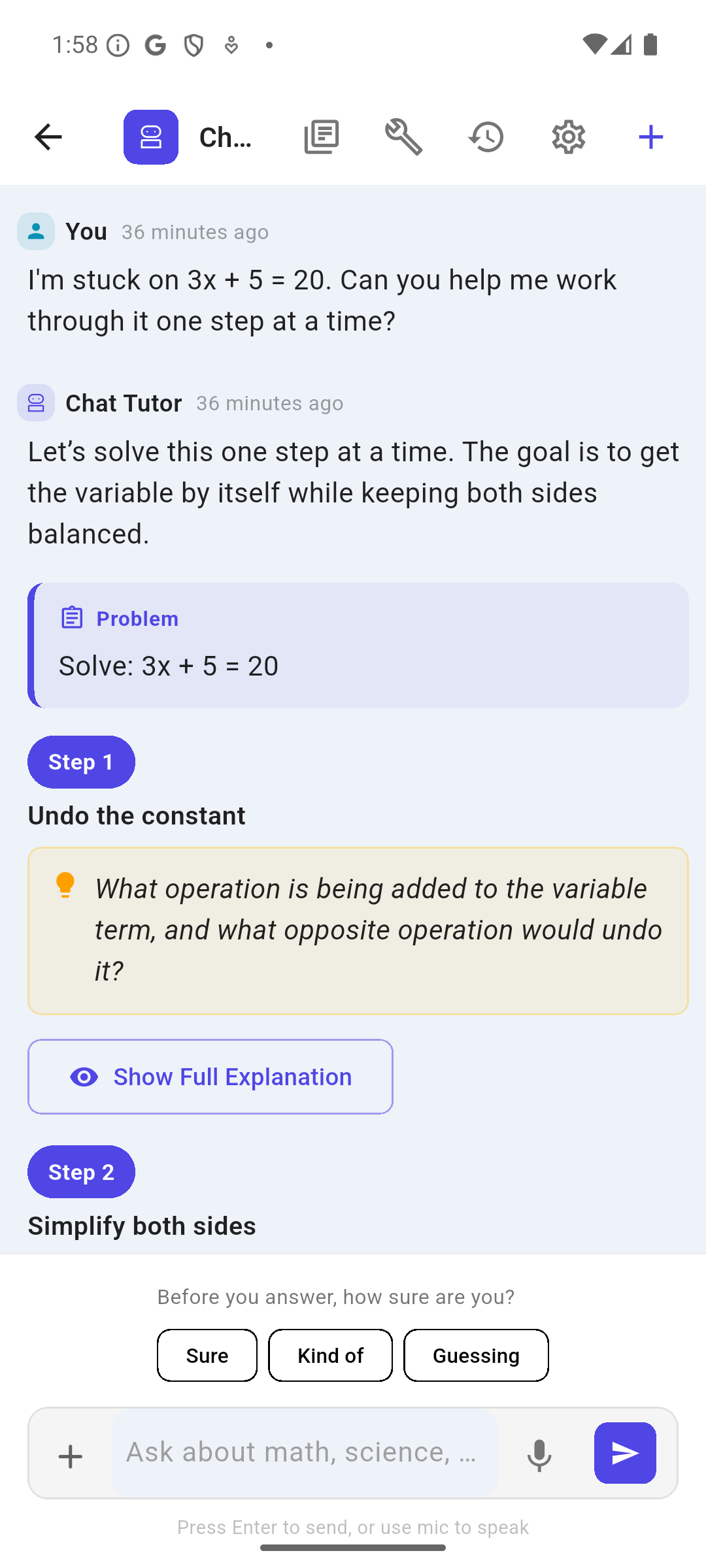 A demo learner asks for help with 3x + 5 = 20. ScholarTree Chat Tutor offers a first step and a hint about undoing the added constant.